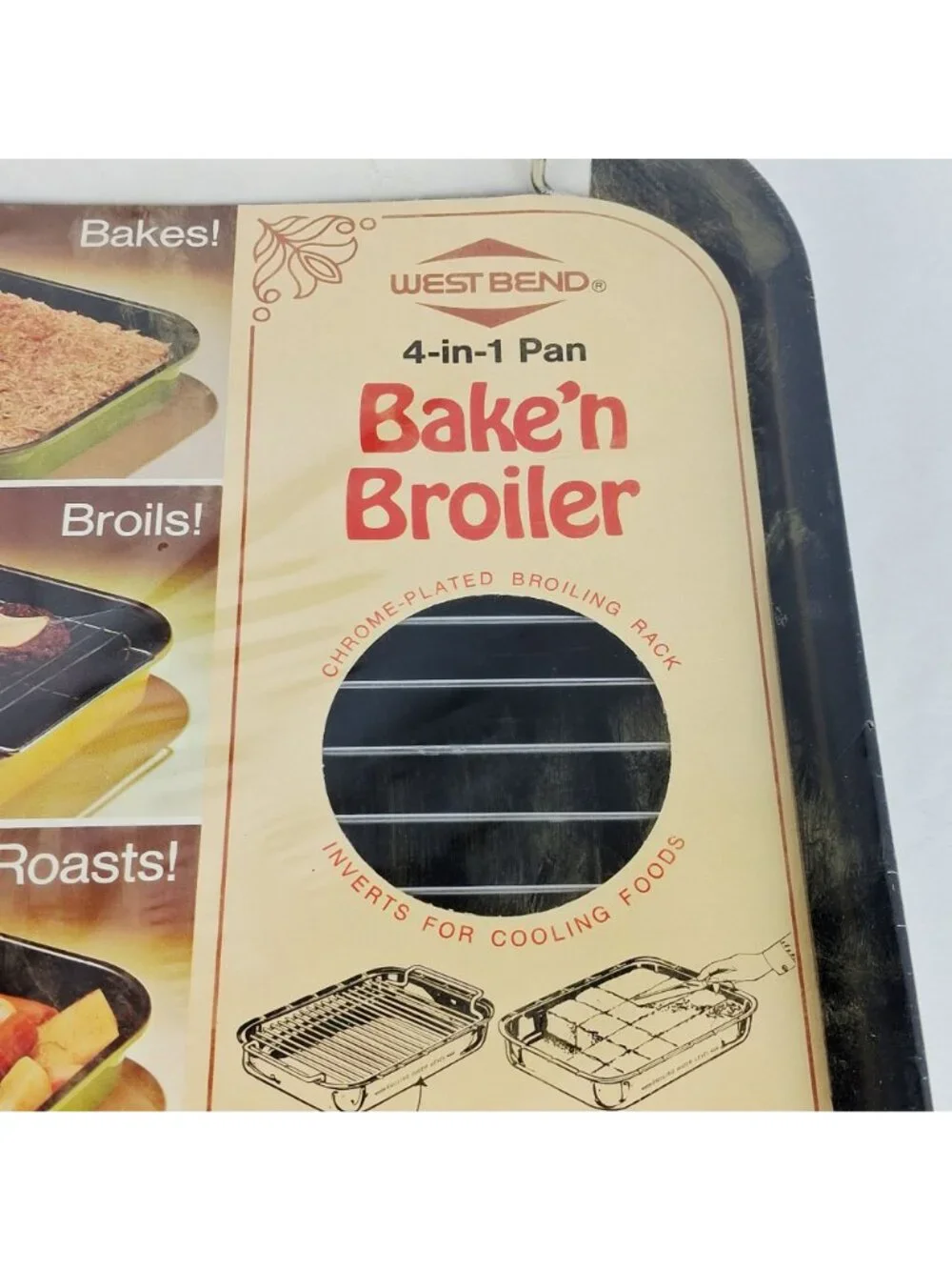 West Bend 4-In-1 Bake'n Broiler Pan Chrome-Plated Rack Durable Aluminum & Porcel